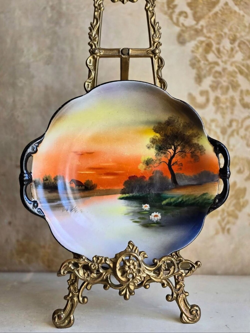 Antique Noritake Hand-Painted Scenic Handled Bowl | Sunset Landscape